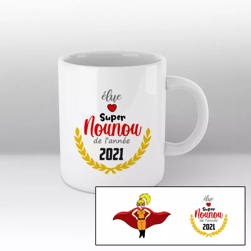 Mug Élue super nounou de l'année (cartoon) - blanc